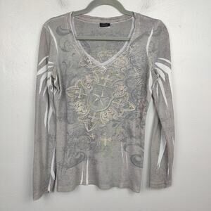 Vintage Y2K Vanity Top Womens Large‎ Gray Distressed Thermal Fleur de Lis Bling